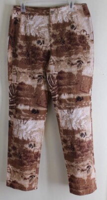 Chico's Sz 2 Brown Print Art-to-Wear Funky Floral Cotton Stretch Pants 30.5 IN L