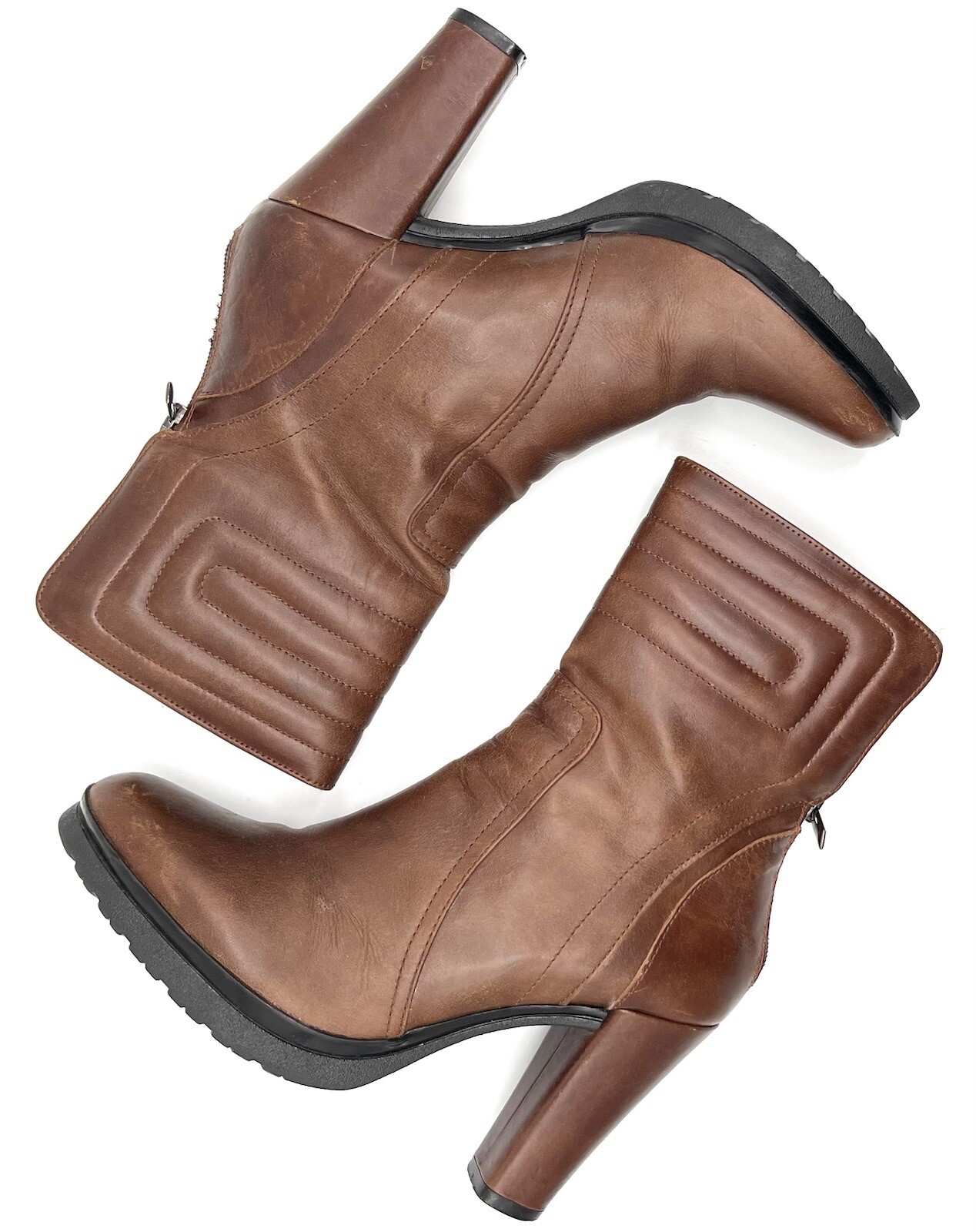 SAOLA Stivali Aquatalia Cognac in pelle marrone taglia 7 trapuntati metà polpaccio tacco alto blocco suola a strappo