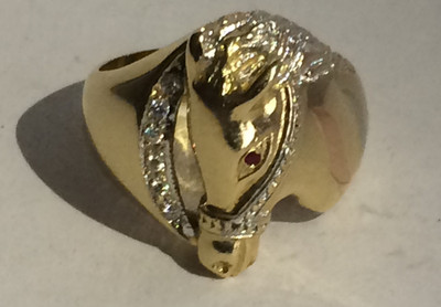 14KT GOLD SCHWERER DIAMANT & RUBIN AUGEN PFERDEKOPF RING, GRÖSSE T, 10,83, GRAMM, KONVOLUT