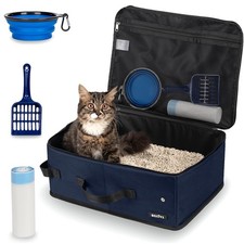 Portable Cat Travel Litter Box with Lid and 10 Pcs Disposable Liner Bags, Lea...