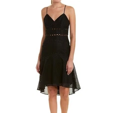 Bardot Ariana Dress 6 Black Eyelet Fit & Flare High Low V-Neck Lace Tiered New