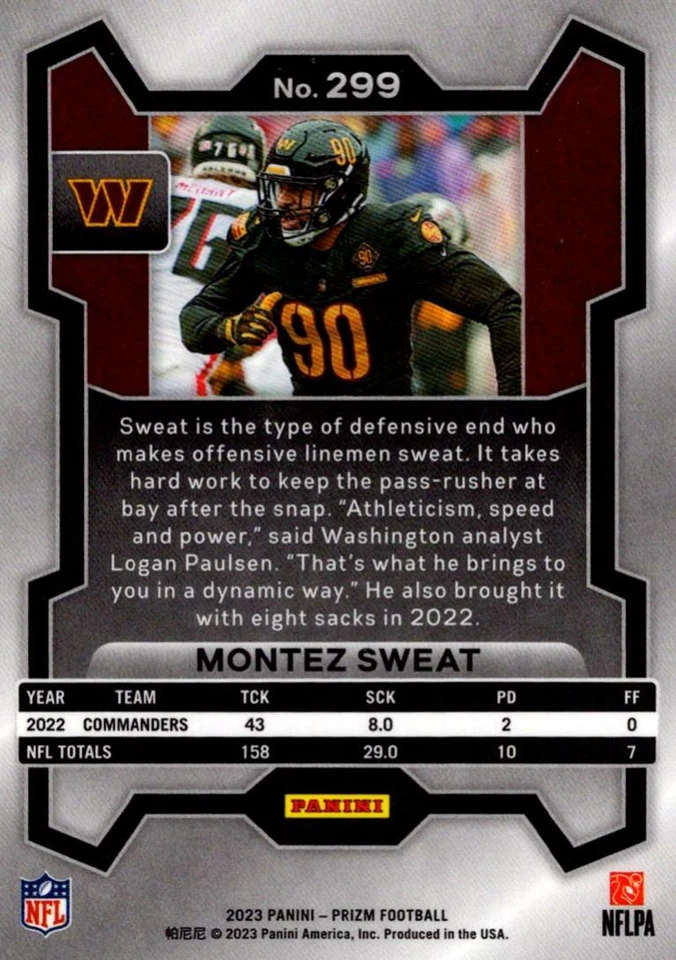 2023 Panini Prizm Montez Sweat Washington Commanders #299 - Image 2 of 2