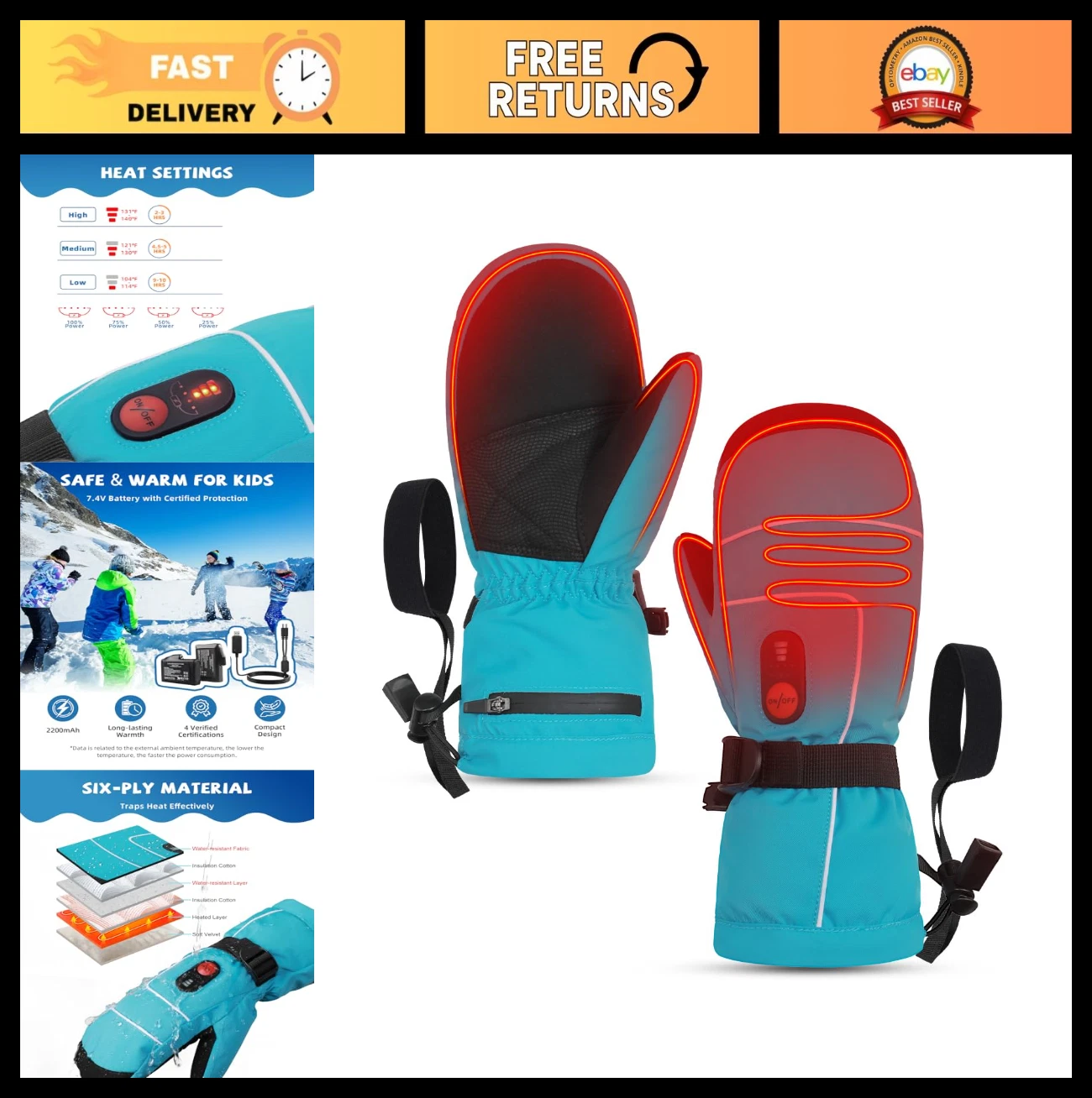 Heated Gloves for Kids - 7.4V Rechargeable Winter Mittens, Waterproof & Windproo