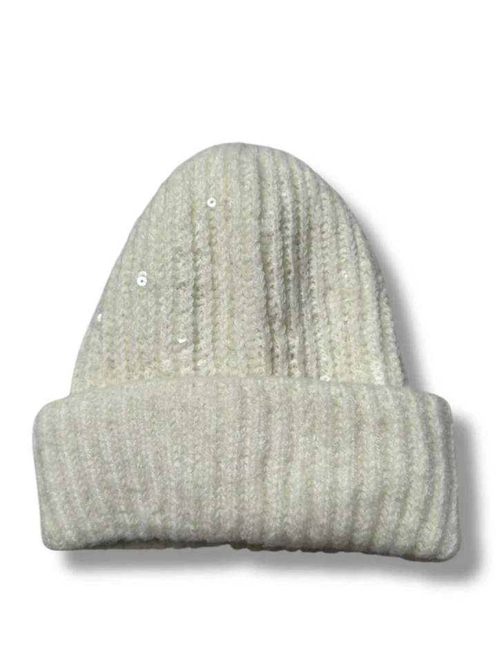 George Cream Knit Beanie Hat with Sequins Soft Winter Warm Sparkle One Size - Image 3 of 4
