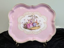 Large Pink Meissen Outside Decorated Tray with Watteau Scenes 37cm Diameter