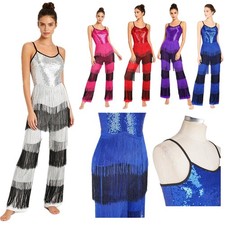 US Women Disco Costume Shiny Tassel Jumpsuit Sequin Dance Back Invisible Zipper