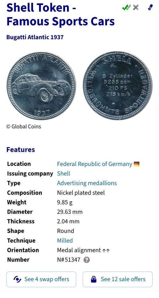 Shell Medaille - Berühmte Sportwagen Bugatti Atlantic 1937 🇩🇪 DEUTSCHLAND - Bild 3 von 4