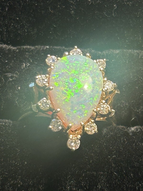 Huge Opal and Diamond Ring , solid 14k Yellow Gold , Bright Beautiful Thick Gem