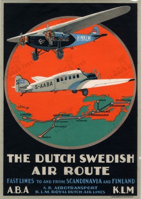Dutch Swedish Air Route KLM ABA 1930 Vintage Travel Poster Print Europe Art