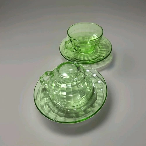 2 Uranium Depression Glass Cup And Saucer Anchor Hocking Block Optic