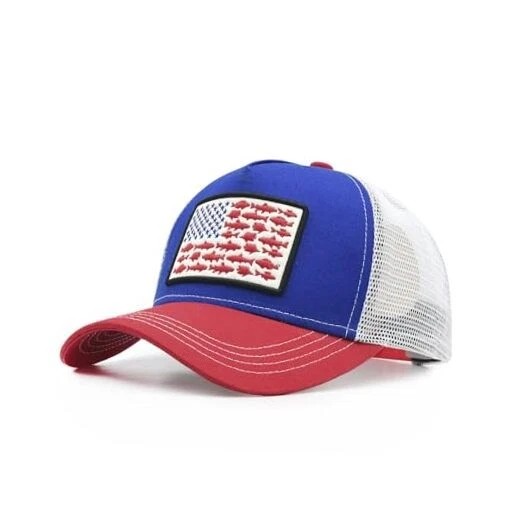 American Fish Flag Trucker Hat, Snapback Mesh USA Flag Baseball One Size Red