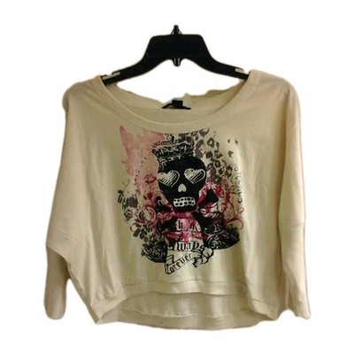Eye Candy Blouse, junior Girls Large Dolman Sleeves Grunge Skelton head Cropped
