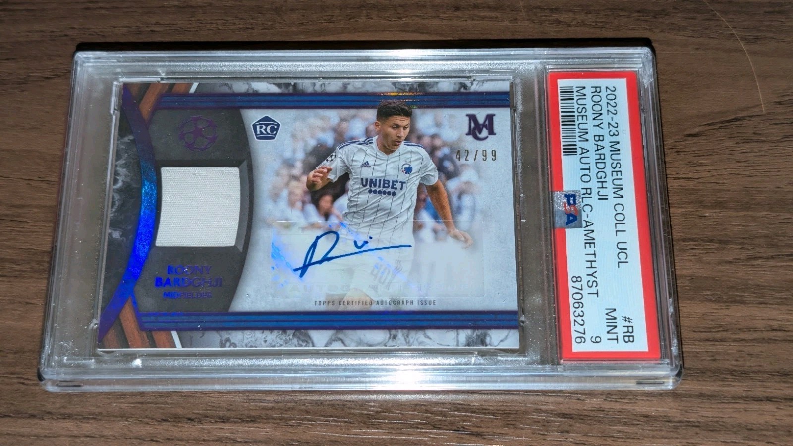 2022-23 Topps Museum UEFA Roony Bardghji Rookie Patch Auto /99 PSA 9 Match Worn!