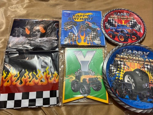 New Monster Truck Birthday Set Table Cloth Plates Napkins Banner
