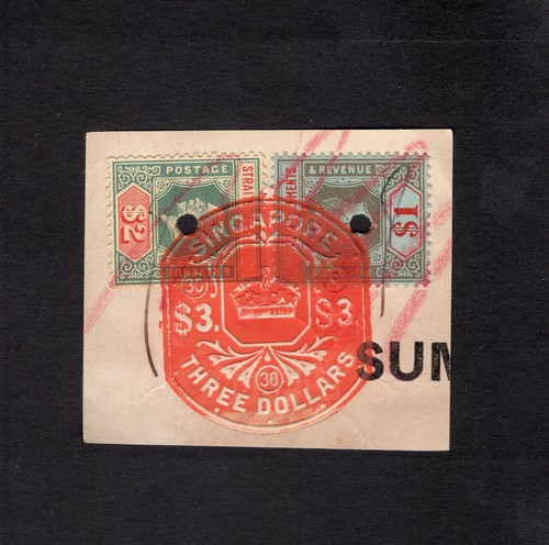 Straits Settlements KGV $1 & $2 on piece with Singapore embossed cancellation.