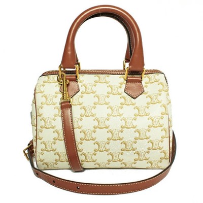 Celine Triomphe Small Boston Canvas Calfskin White Brown 197582 from Japan #188