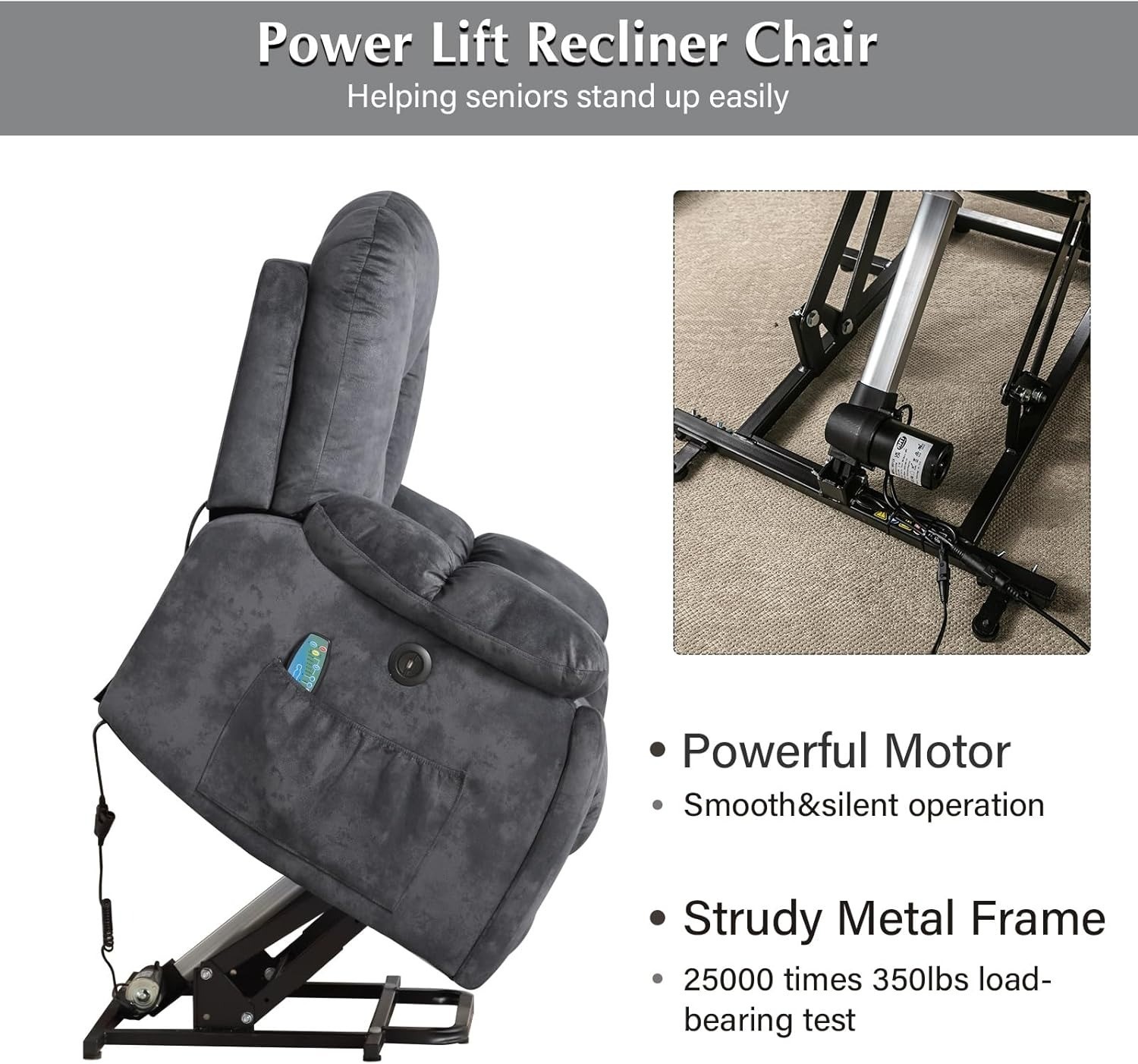 CANMOV Power Lift Recliner Chair w/Massage & Heat - 350lb Capacity  Grey