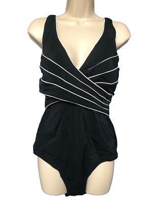Jaclyn Smith Size 16 Black White Trim Cross Over One Piece Swimsuit Women's