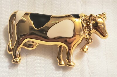Vintage Signed Monet Figural Cow With Bell Enameled Blk White Gold Brooch Pin HD