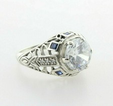 Art Deco Inspired Sterling Silver Engraved Filigree Blue Sapphire CZ Ring - 7