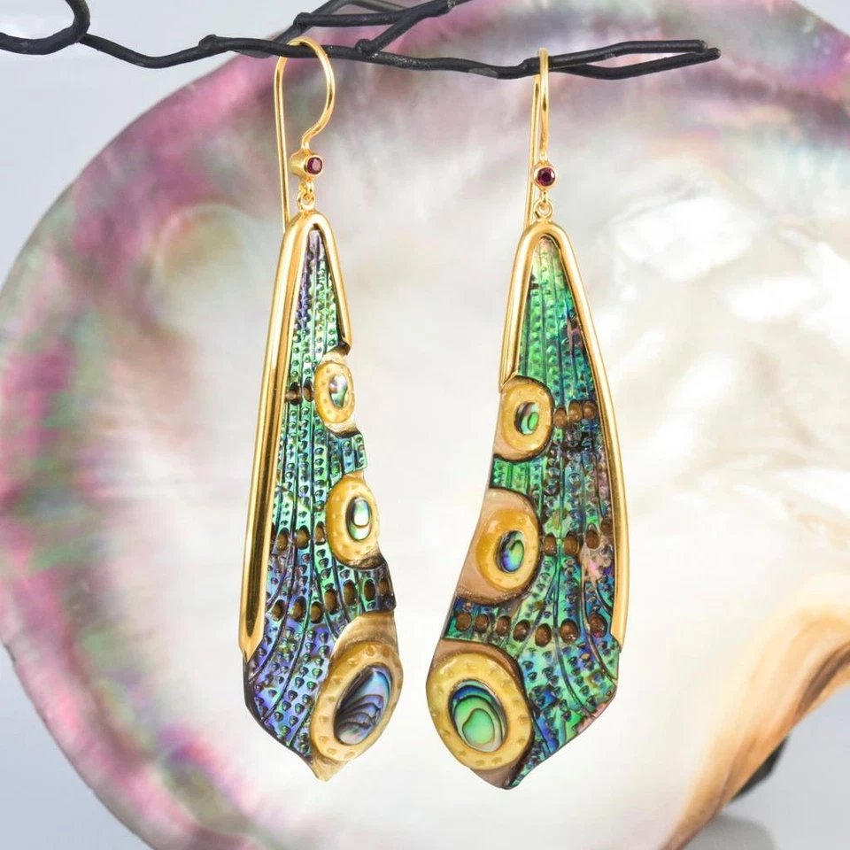 Dragonfly Wing Earrings Abalone Carving Gold Vermeil Sterling Silver Ruby 11.17g - Image 2 of 4