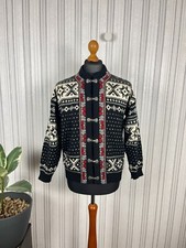 W'S Voss Norway Fair Isle Black Wool Chunky-Knit Hook in Loop Retro Cardigan 40