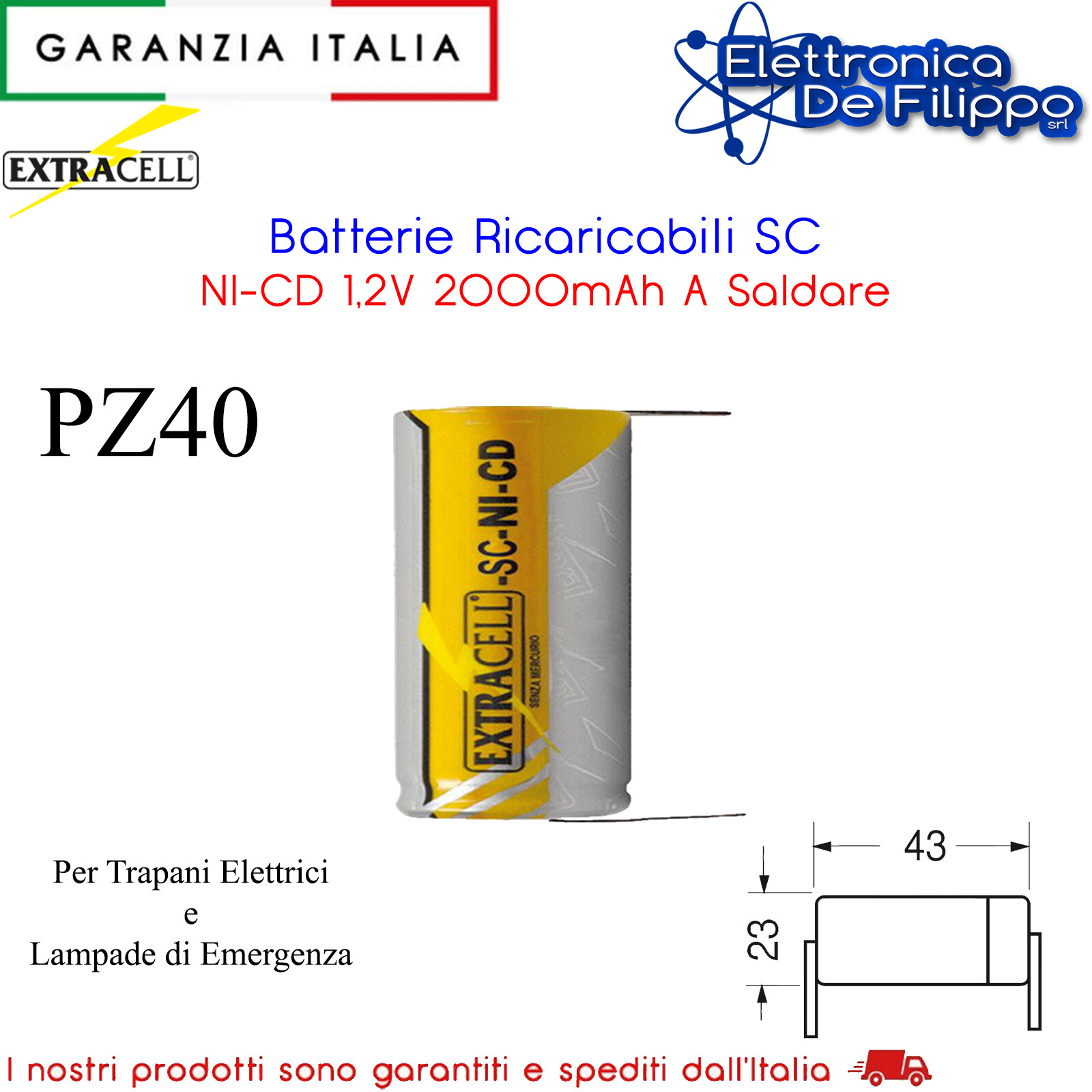 Stock 40 Pile SC 1.2V 2000mAh Ni-Cd con Lamelle per Pacchi Batteria