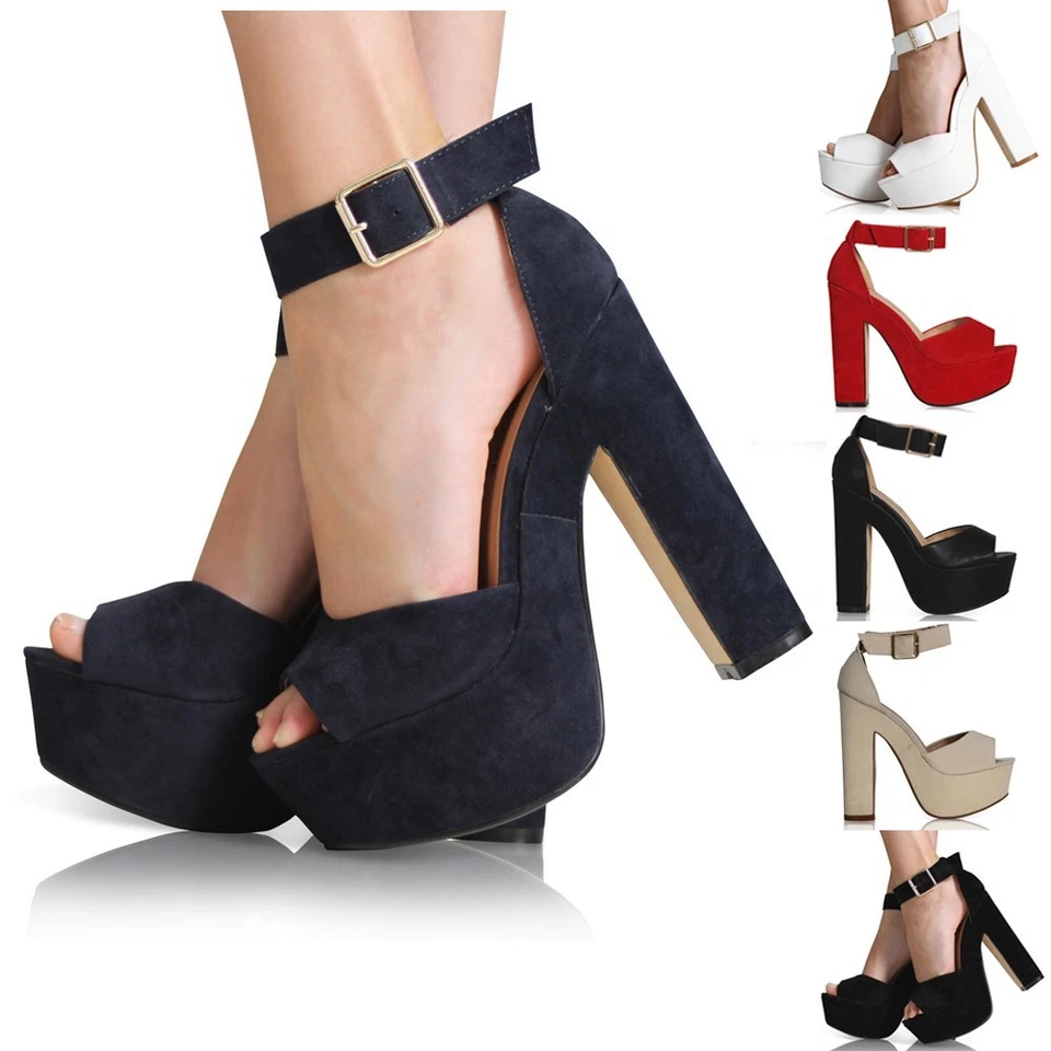 NUEVOS ZAPATOS SANDALIAS DE TACÓN ALTO GRUESAS PLATAFORMA CORREA AL TOBILLO DAMAS TALLA 3-8 Foto 2 de 3