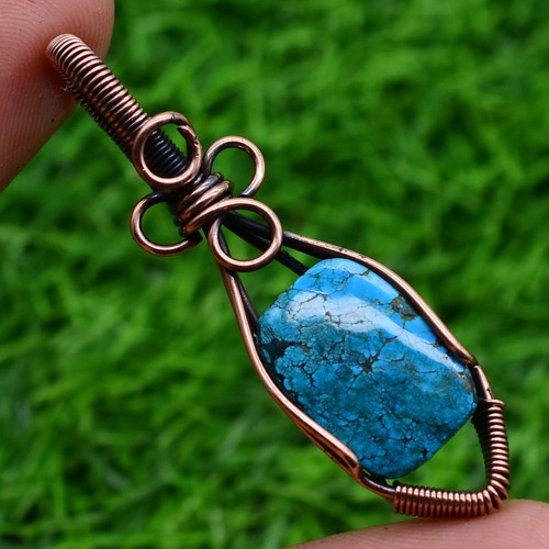 Turquoise Copper Wire Wrap Pendant Elegant Handcrafted Jewelry MC699