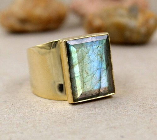Solid 925 Sterling Silver Natural Blue Labradorite Gemstone Men's Unisex Ring