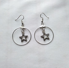 Silver Tone Star Dangle Hoop Earrings Pierced Handmade Celestial Simple Casual