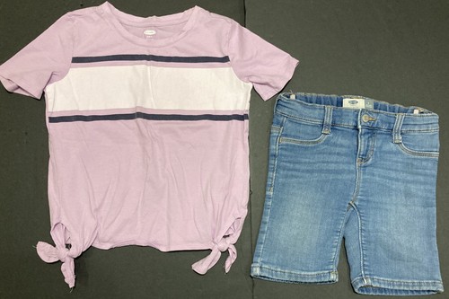 Girl's Old Navy Outfit Size 6 - Purple Striped Top w/Bermuda Jean Shorts EUC