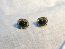 Vintage Sorrento Sterling  Dark Green Jade ? Screw Earrings Filigree Excellent