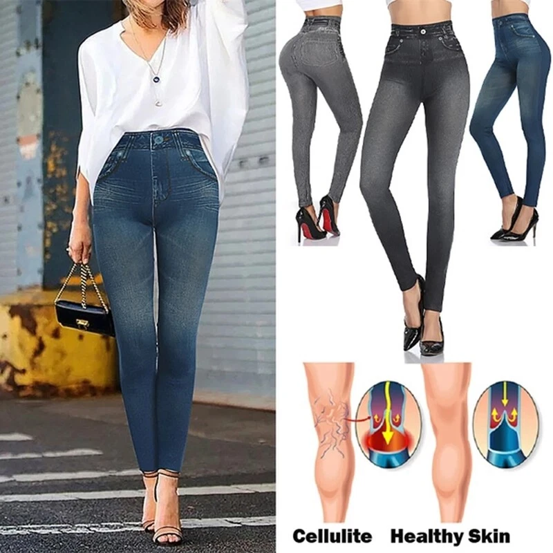 Denim Print Jeggings, Casual High Waist Slim High Stretch Fake Pockets  Leggings, Women's Clothing