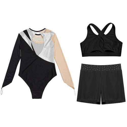 Kids Girls Dancewear Contrast Color Bodysuit Metallic Outfit Gym Dance Shiny - Picture 45 of 80