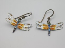 SWEET VINTAGE STERLING SILVER ENAMEL DRAGONFLY BUG INSECT DANGLE EARRINGS