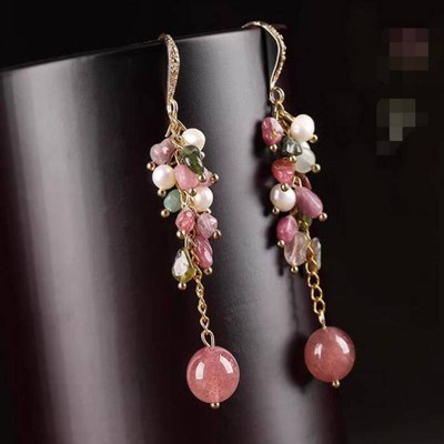 Natural Tourmaline gem white pearl earrings 18K hooks Women Het Meisje Dangling