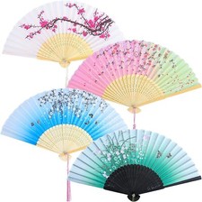 Aneco 4 Pieces Folding Fans Bamboo Handheld Silk Fabric Color A