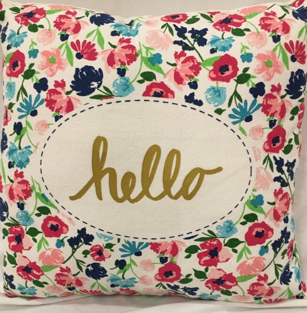  “Hello” in Gold Accent 13”x13” Decorative Throw Pillow Pretty Colorful Flowers 