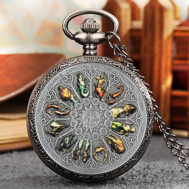 Silver Engraved Twelve Constellations Pattern Unisex Quartz Pocket Watch Gift