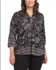 NWT Lucky Brand Plus Size Boho Floral Border Print Top 1X MSRP 69.50 Black