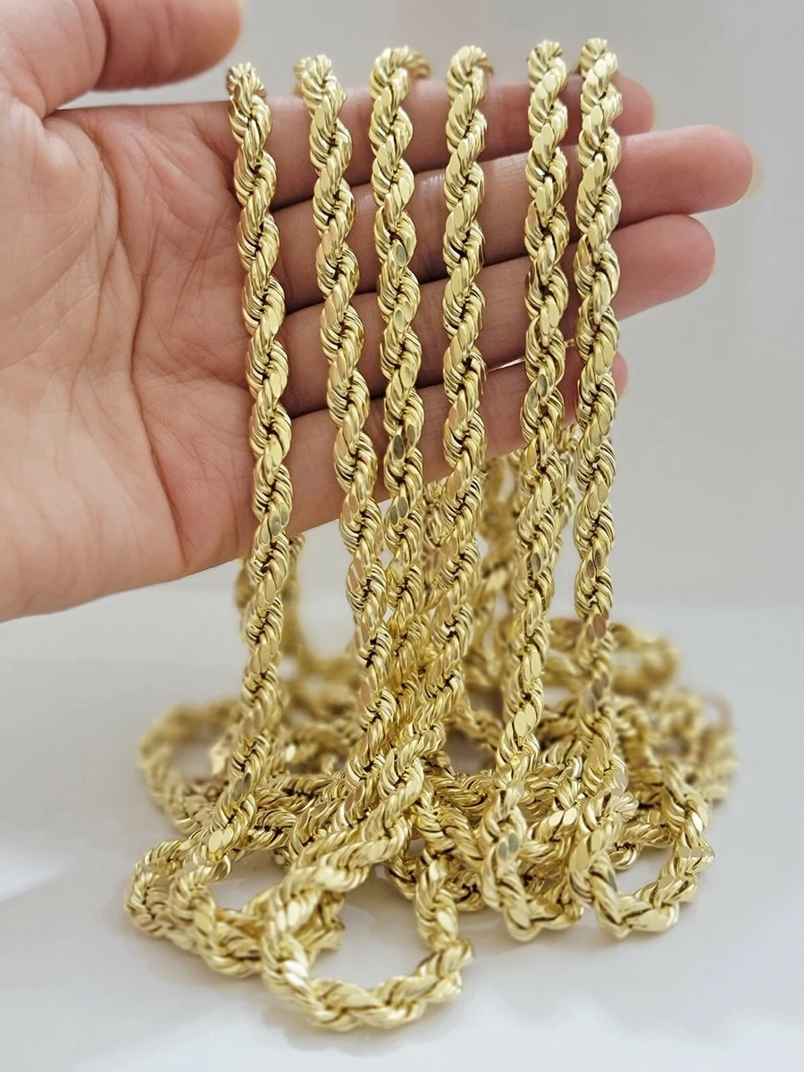 Real Gold 10k Rope Necklace Men' Chain 7mm 18-30 Inch Yellow Gold Diamond  Cuts