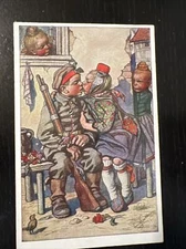 WWI German Postcard child Soldier holding rifle kissing little girl Germany