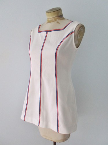 Vtg 60s 70s Bancroft white poly knit mini tennis dress red blue rick rack S/M - Picture 2 of 6