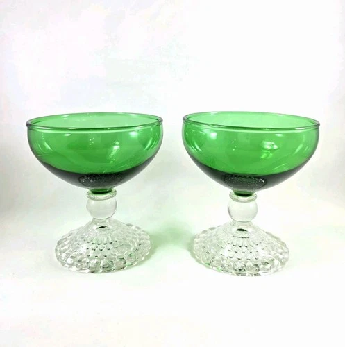 Vintage Anchor Hocking FOREST GREEN BUBBLE Foot Champagne Sherbet Glass Set Of 2
