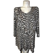Chicos Top Leopard Print V-Neck Tunic Long Sleeve Stretch Size L 2 Large