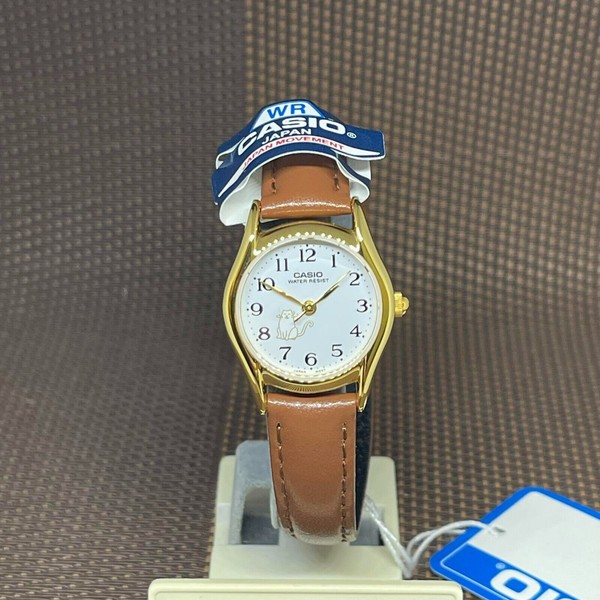 Casio LTP-1094Q-7B8 Braun Leder WeißE Katze Analog LäSsig Einfach Damenuhr-image