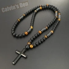 Black Obsidian Tiger Eye Black Alloy Cross Pendant Necklace Men Women Gift