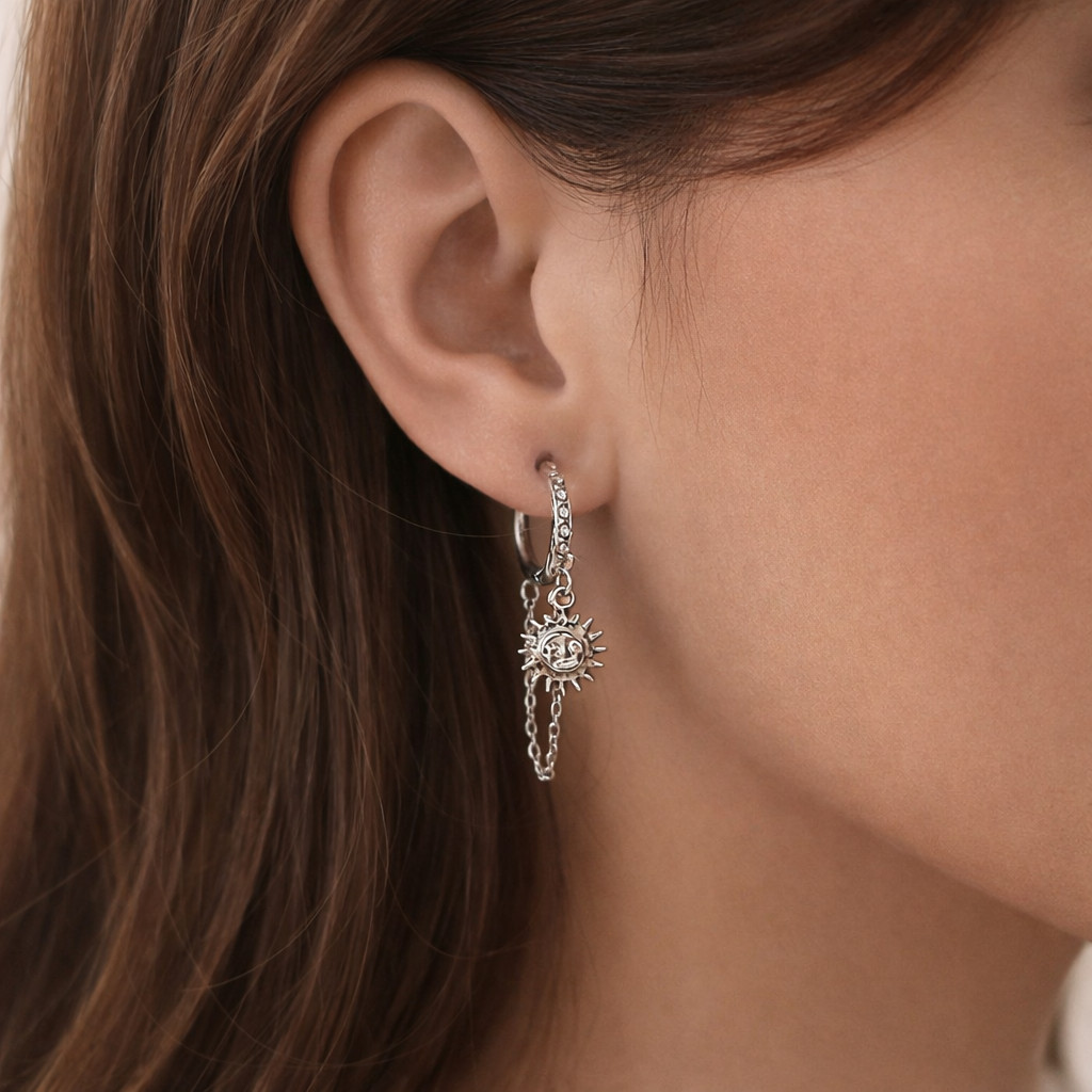 Boucles d'oreilles créoles soleil anti-allergiques légères à chaînes amovibles en acier