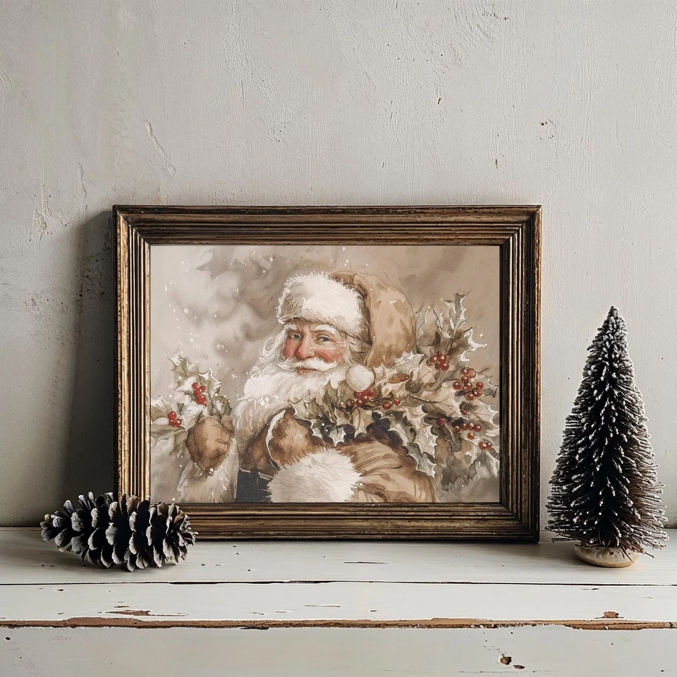 Нейтральный плакат с Санта-Клаусом | минимально бежевый рождественский настенный художественный принт - Изображение 2 из 4